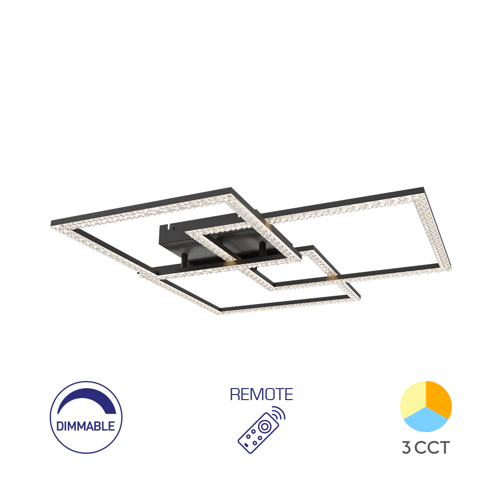 Luksuzni plafonski LED luster Crystal B 80W 3IN1 RMT Crni